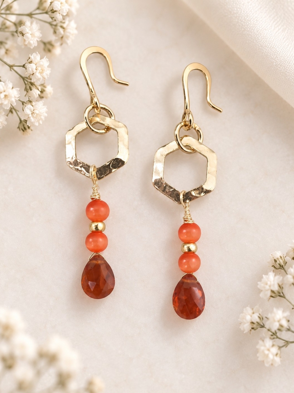 Gold Hexagon Drop Earrings with Coral and Amber Beads